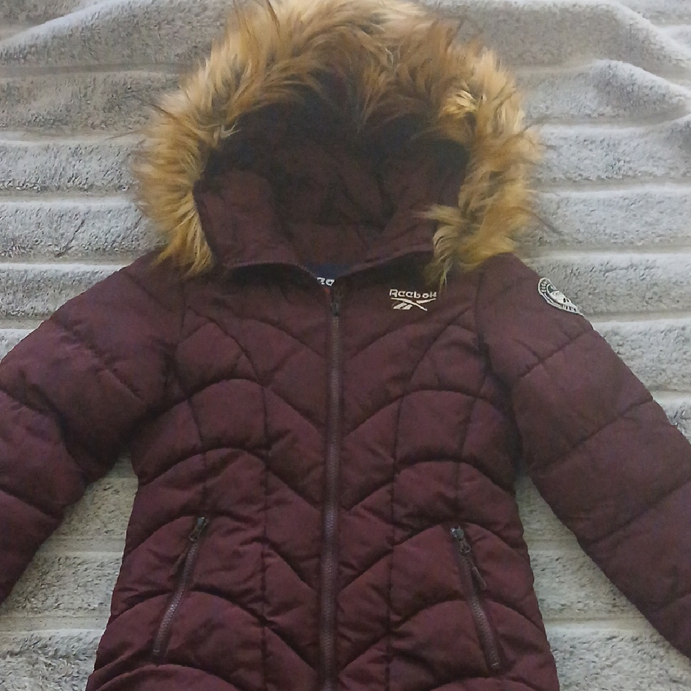 Reebok Maroon Hooded Jacket with Fur Trim